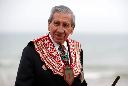 Charles Norman Shay, 94, a Penobscot Native American Indian WWII veteran, poses as he attends an interview with Reuters in Saint-Laurent-sur-Mer