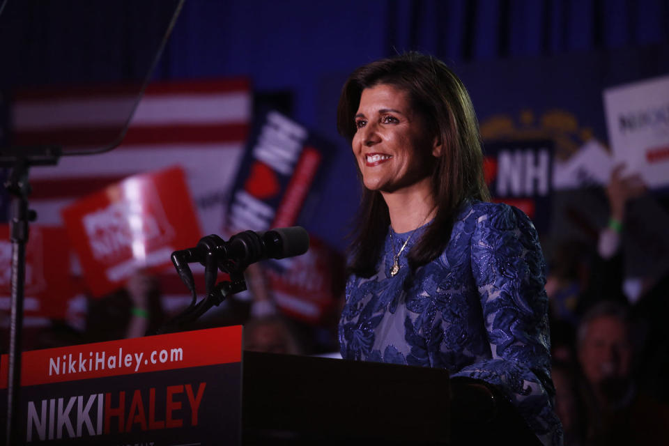 Presidential Candidate Nikki Haley at her primary night rally at the Grappone Conference Center in Concord, New Hampshire.  (Mathew Nighswander / NBC News)