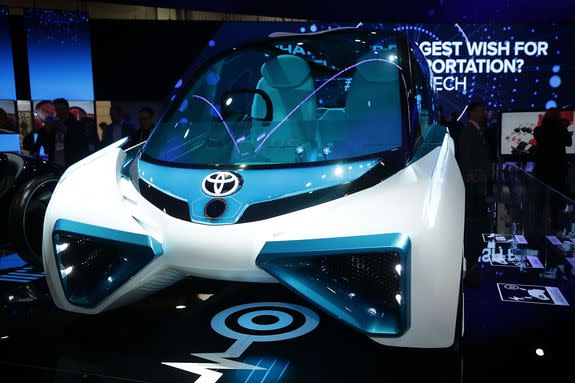 The Toyota FCV Plus, a hydrogen fuel cell concept vehicle, is  on display at CES 2016 in Las Vegas.