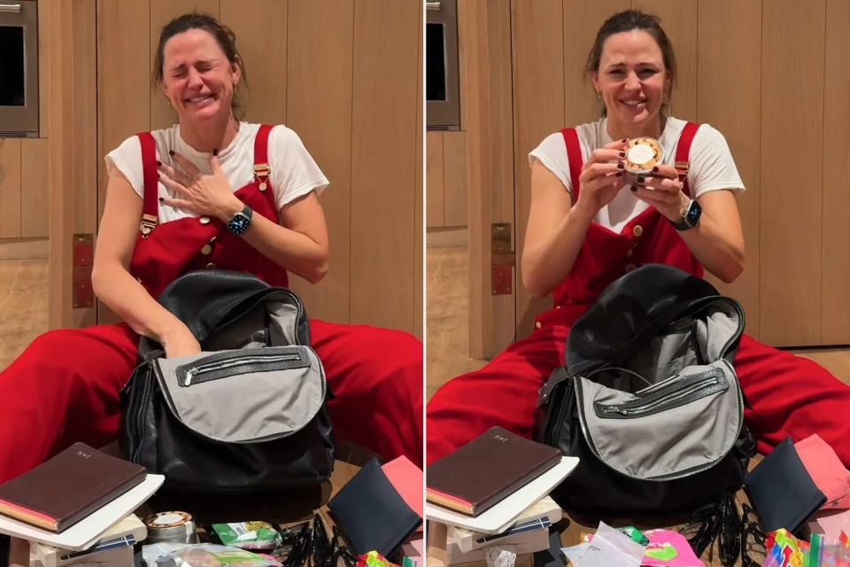 <p>Jennifer Garner/Instagram</p> Jennifer Garner laughs when showing what she carries in her backpack