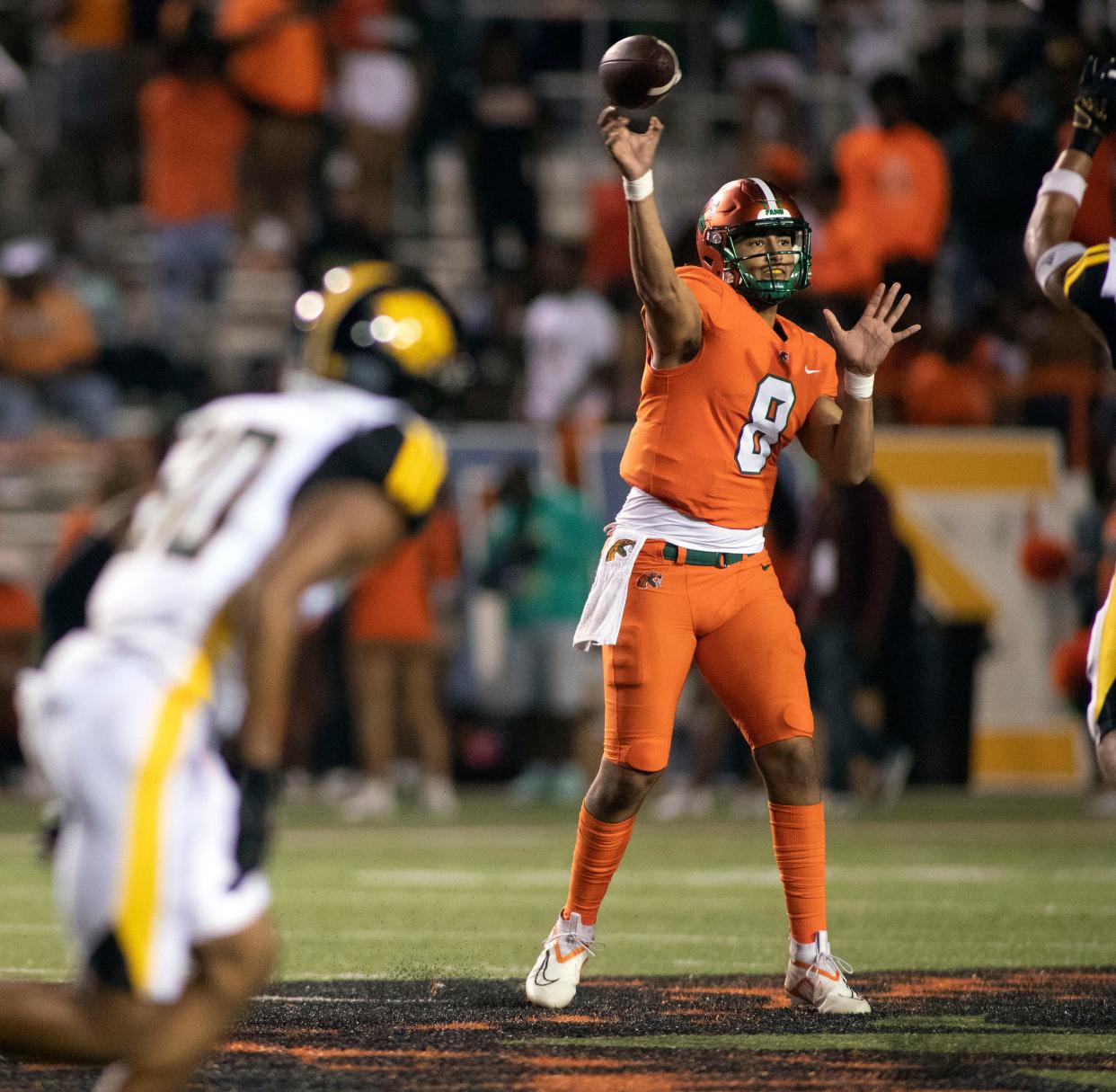 Florida A&M Rattlers quarterback Jeremy Moussa (8) passes the ball as FAMU faces Arkansas Pine-Bluff on Saturday, Oct. 29, 2022 at Bragg Memorial Stadium. 