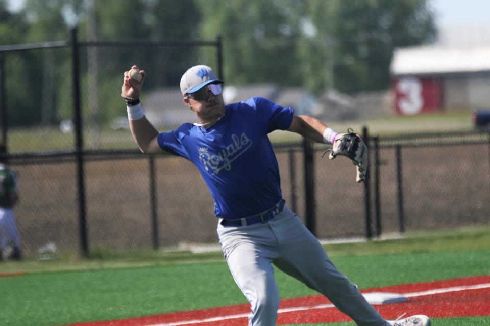 Wynford's Grant McGuire makes a tough throw to first during a tournament game last year. The senior is looking for another strong season, coming off a junior year in which he batted .500 with 38 hits and five home runs.