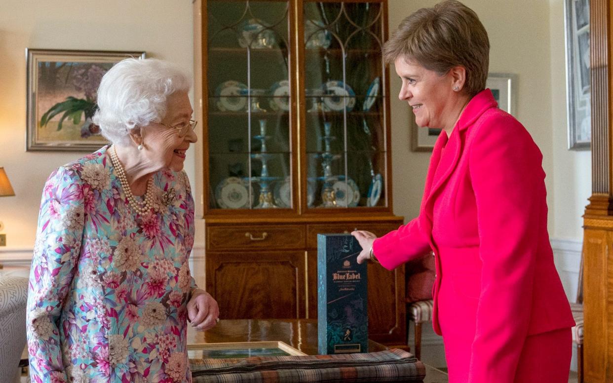 Queen Elizabeth II receives First Minister of Scotland Nicola Sturgeon during an audience at the Palace of Holyroodhouse in Edinburgh today - Jane Barlow/PA