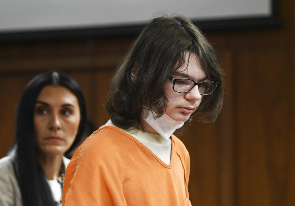 Ethan Crumbley answers to charges against him during his pretrial hearing at Oakland County Courthouse, on Oct. 24, 2022, in Pontiac, Michigan.