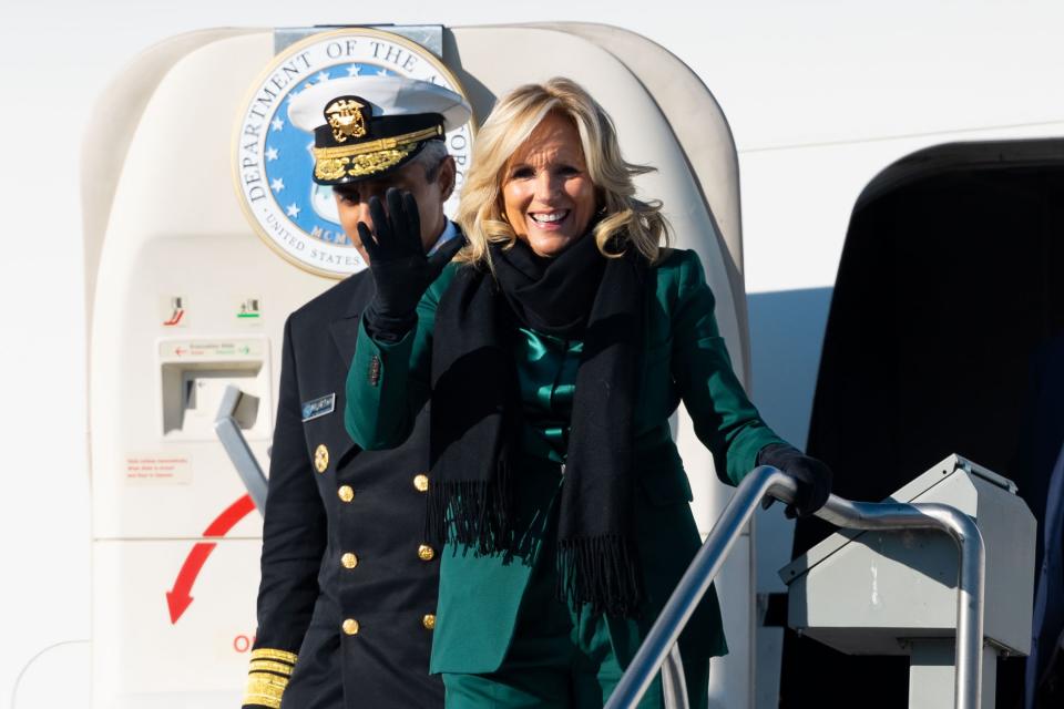 First lady Jill Biden waves upon her arrival with U.S. Surgeon General Dr. Vivek H. Murthy at Signature Aviation SLC in Salt Lake City on Tuesday, Jan. 16, 2024. | Megan Nielsen, Deseret News