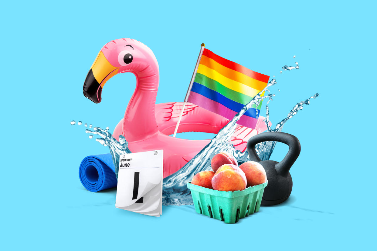 Photo illustration of objects like a flamingo float, a Pride flag, peaches, a kettlebell, a yoga mat and a June 1 calendar page amid a splash of water.