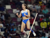 FILE - In this Sept. 29, 2019, file photo, Katerina Stefanidi, of Greece, competes in the women's pole vault final at the World Athletics Championships in Doha, Qatar. Three of the leading women’s pole vaulters will take their turn to compete in the second edition of the Ultimate Garden Clash. Katerina Stefanidi of Greece, Katie Nageotte of the United States and Alysha Newman of Canada will participate in the event but won’t be competing in their backyards since they don’t have the equipment at home. They will instead be at nearby training facilities. (AP Photo/David J. Phillip, File)