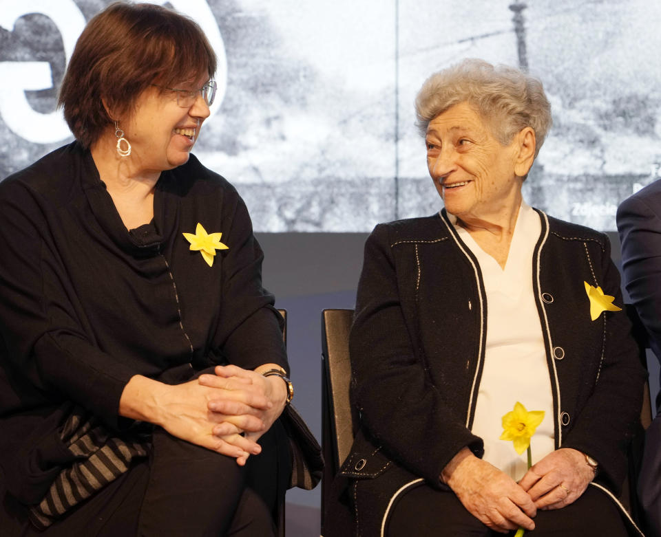 Polish researcher Barbara Engelking, left, attends a news conference alongside Holocaust survivor Krystyna Budnicka about an exhibition in the Warsaw ghetto at the POLIN Museum of the History of Polish Jews in Warsaw, Poland, on April 13, 2023. Scholars and historical institutions from around the world are coming to the defense of a Polish researcher. The scholar, Barbara Engelking, is under fire from her country’s authorities after claiming that Poles could have done more to help Jews during the Holocaust. (AP Photo/Czarek Sokolowski)