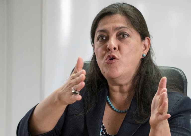 Costa Rica's science and technology minister, Carolina Vasquez Soto, speaking with AFP during the World Robotics Olympiad being held in her country