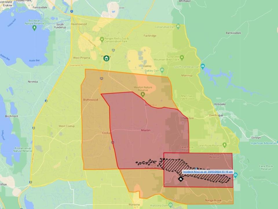 A﻿ bushfire emergency warning is in place for residents south of Perth as an out-of-control fire tears through the area. Waroona and Murray Shire residents have been told to evacuate now while 145 firefighters ﻿and volunteers battle the blaze. Picture: DFES