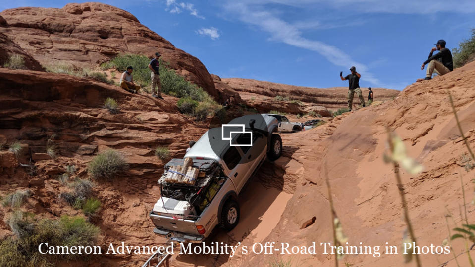 A driver navigates challenging off-road terrain as part of a Cameron Advanced Mobility course.