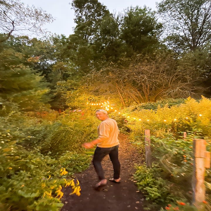 Person walking along a walkway with string lights and much greenery