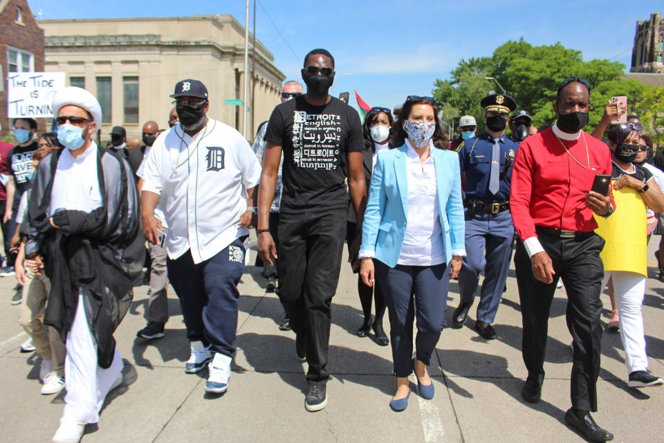 Gov. Gretchen Whitmer and Lt. Governor Garlin Gilchrist II participate in a march with clergy, community leaders, and local elected officials through Highland Park and Detroit on June 4, 2020. (Office of Gov. Gretchen Whitmer)