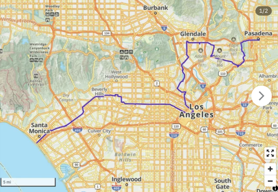 Map showing a complex network of routes in the Los Angeles area