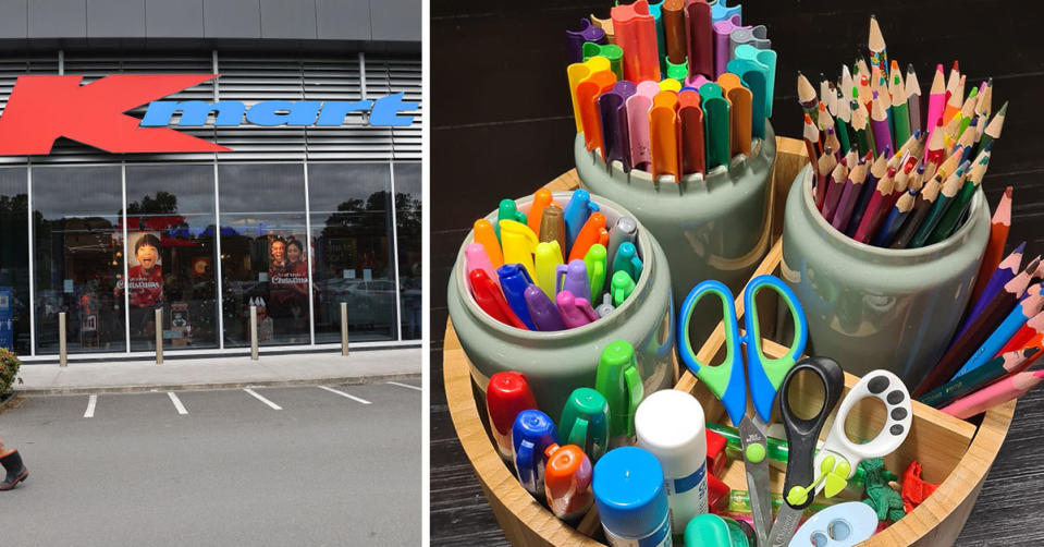 L: Kmart store sign R: Set of three canisters in a turntable filled with children's stationery