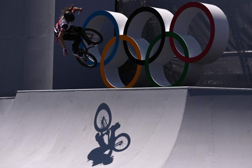 Britain’s Charlotte Worthington competes in the cycling BMX freestyle women’s park final.