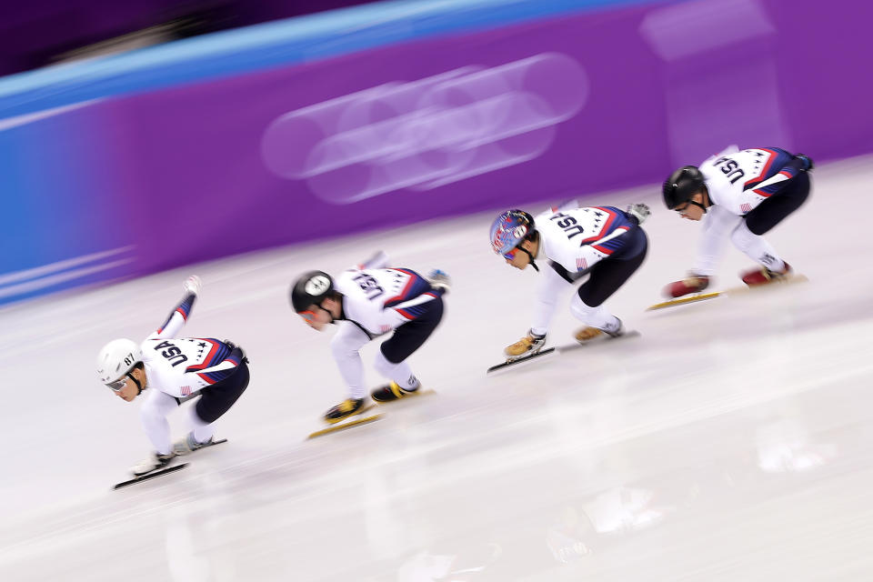 <p>Short Track Speed Skaters from the USA practice during previews ahead of the PyeongChang 2018 Winter Olympic Games at the Gangneung Ice Arena on February 08, 2018 in Pyeongchang-gun, South Korea. (Photo by Richard Heathcote/Getty Images) </p>