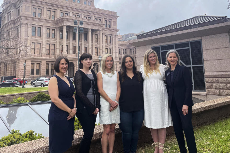Center for Reproductive Rights attorney Molly Duane, left, and CEO Nancy Northup, right, stand with plaintiffs, from left, Lauren Hall, Amanda Zurawski, Anna Zargarian and Lauren Miller  on Tuesday, March 7, 2023 at the Texas Capitol in Austin,  after filing a lawsuit against the state's abortion ban. / Credit: Acacia Coronado / AP