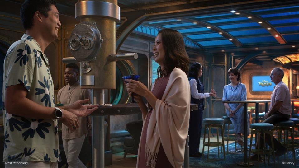 On board the Disney Treasure, the Periscope Pub pays homage to Walt Disney’s 1954 film, “20,000 Leagues Under the Sea” and the legacynDisney Parks attraction. The submarine-styled interiors will give guests a look at the watery world belownthrough a virtual glass ceiling.