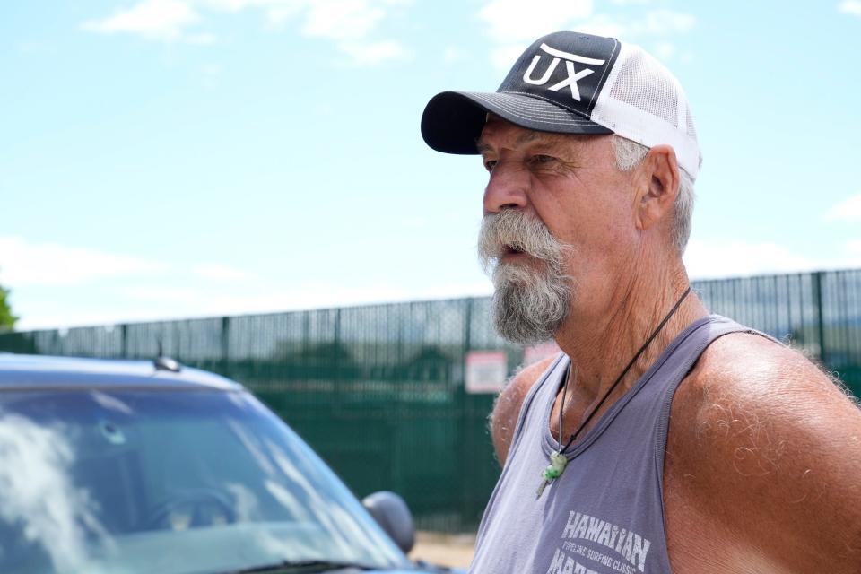 Lahaina resident Mark Stefl, 67, expresses frustration about not receiving a placard to enter West Maui. Stefl, who lost his home in the wildfire, has not returned to Lahaina since the blaze due to roadblocks.