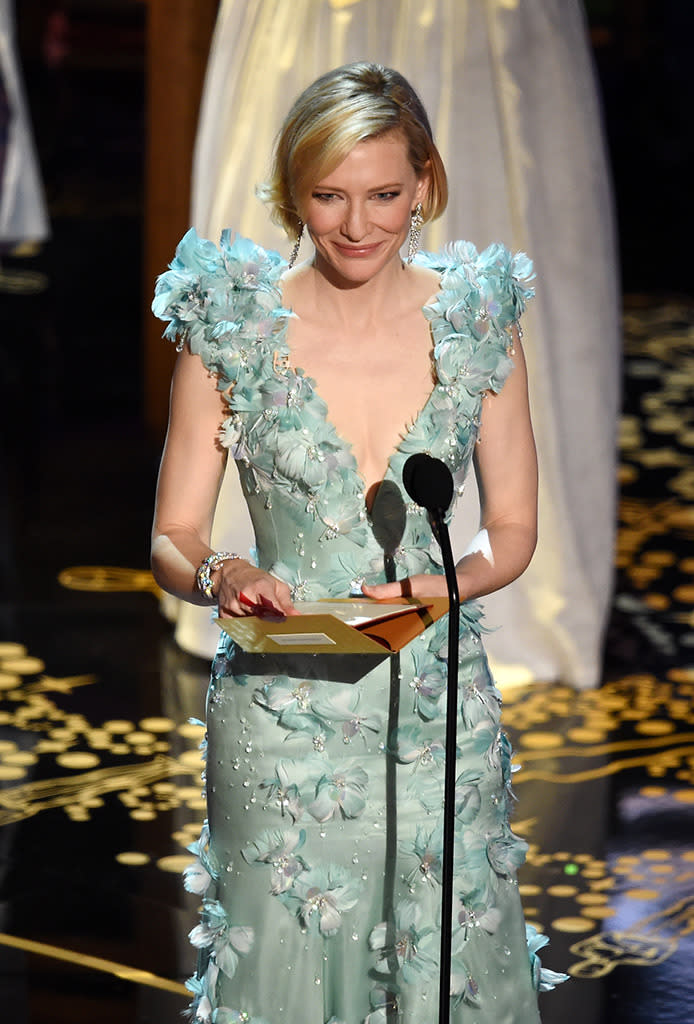 Cate Blanchett speaks onstage during the 88th Annual Academy Awards at the Dolby Theatre on February 28, 2016 in Hollywood, California.  