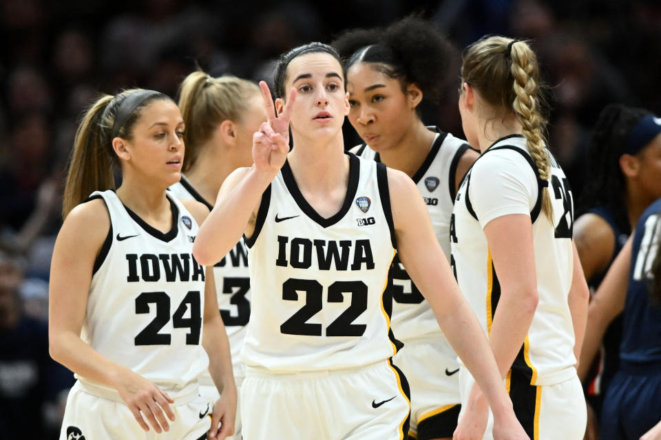 Iowa's Caitlin Clark reacts after a play against the Connecticut Huskies in the semifinals of the Final Four on Friday. (Ken Blaze-USA TODAY Sports)