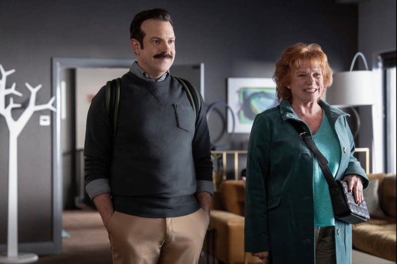 Jason Sudeikis as Ted Lasso and his mother, Dottie, played by Becky Ann Baker, deal with some fraught emotions in Season 3. Photo courtesy of Apple TV+