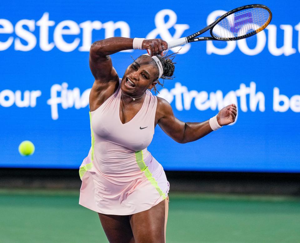 Serena Williams makes a hit to Emma Raducanu during the Western & Southern Open at the Lindner Family Tennis Center in Mason Tuesday, August 16, 2022.  Williams lost 4-6, 0-6 in one of her last tournaments before she retires.