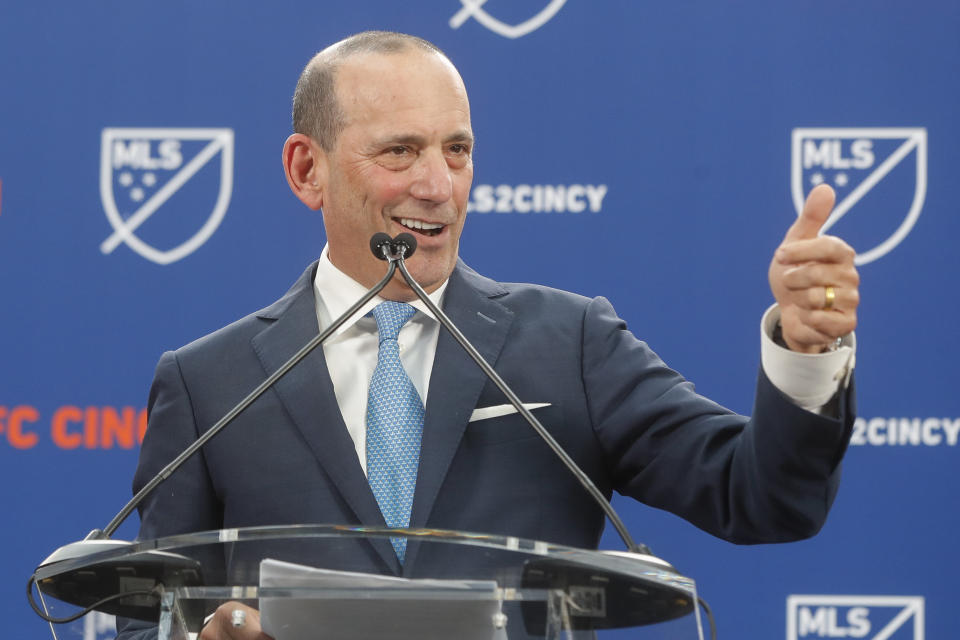 MLS Commissioner Don Garber announces that an MLS club will come to Cincinnati. (AP/John Minchillo)