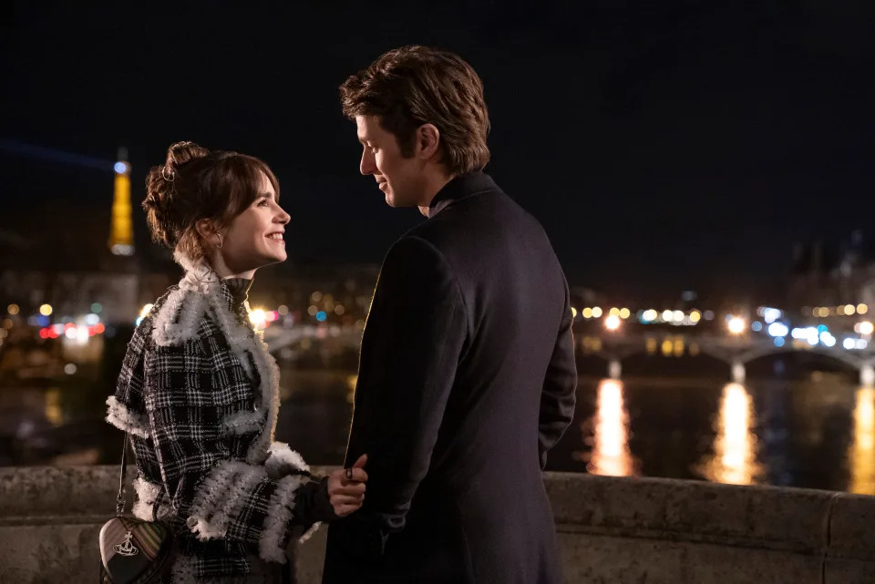 (L to R) Lily Collins as Emily, Lucas Bravo as Gabriel in episode 405 of Emily in Paris (Stephanie Branchu/Netflix)