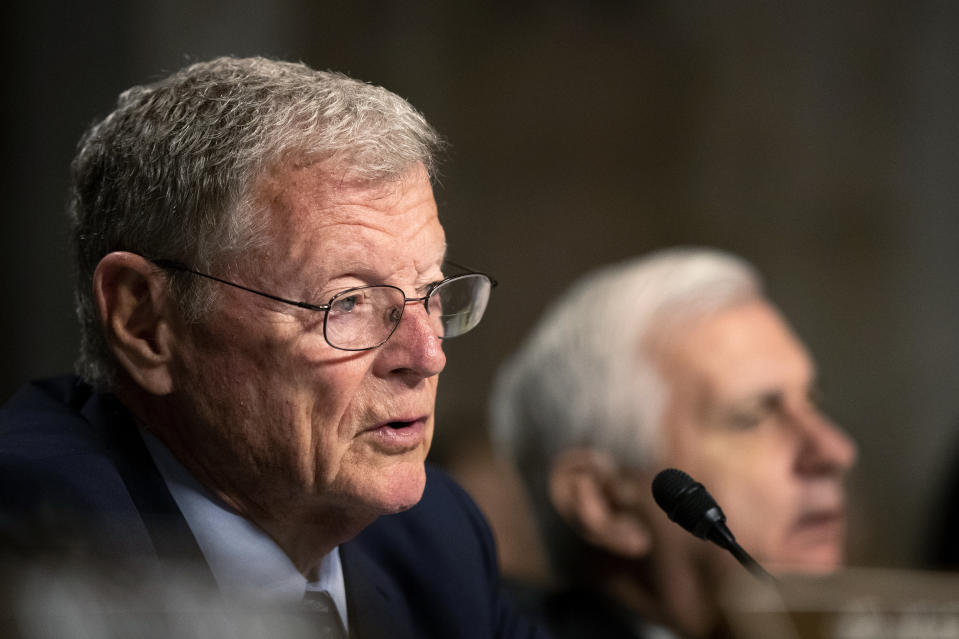 Senate Armed Services Committee Chairman Sen. James Inhofe, R-Okla., with ranking member Sen. Jack Reed, D-R.I., right, questions Secretary of the Army and Secretary of Defense nominee Mark Esper during his confirmation hearing on Capitol Hill in Washington, Tuesday, July 16, 2019. (AP Photo/Manuel Balce Ceneta)