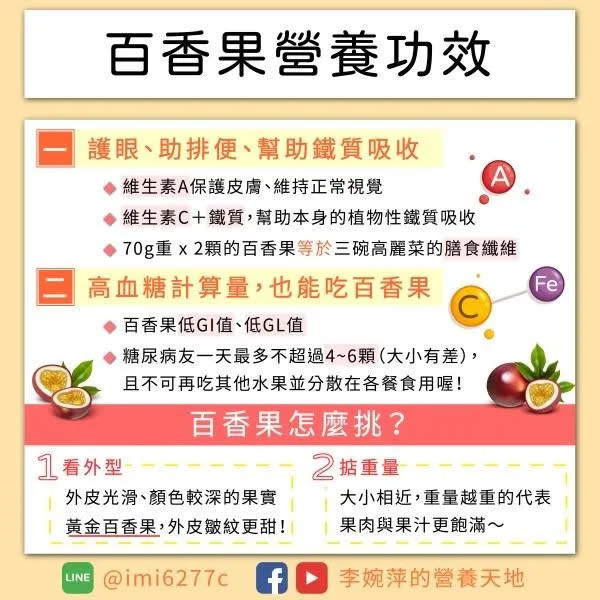 <strong>百香果營養功效。（圖／</strong><a href="https://www.facebook.com/dietitianLi?__cft__[0]=AZVydXuJB0wBhdBMAvsuHNMfHfCy0EAnnS25zGBunUeyMAI24SKXLwqXRCZpfUB0tRkrUR14CamBql1JmNj4MtndJRWcQFxmo9kHithto8gDgG7piW-3xbIWSJXVxdM55HdNBtw1sU7m2iIK_tzxdLC5LZE3g9u6xYidpAuDHqrBKrA5KbZfu_PCVGW69qmnBeE&__tn__=-UC%2CP-R" rel="nofollow noopener" target="_blank" data-ylk="slk:李婉萍營養師;elm:context_link;itc:0;sec:content-canvas" class="link "><strong>李婉萍營養師</strong></a><strong> ）</strong>