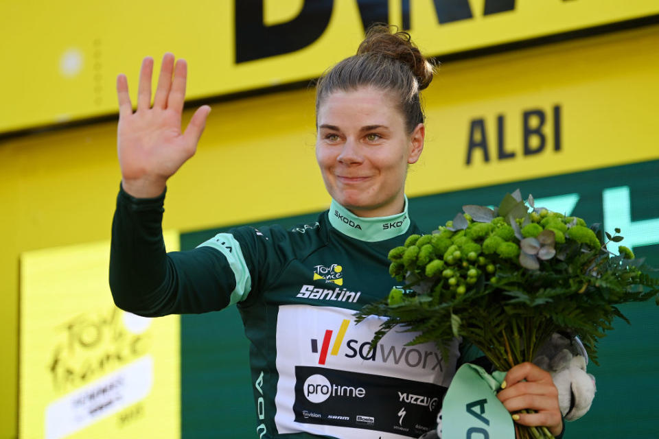 ALBI FRANCE  JULY 27 Lotte Kopecky of Belgium and Team SD Worx  Protime celebrates at podium as Green Points Jersey winner during the 2nd Tour de France Femmes 2023 Stage 5 a 1261km stage from OnetleChteau to Albi 572m  UCIWWT  on July 27 2023 in Albi France Photo by Tim de WaeleGetty Images