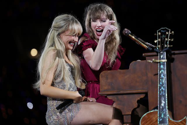 <p>Don Arnold/TAS24/[SOURCE] for TAS Rights Management</p> Taylor Swift performs with Sabrina Carpenter in February 2023