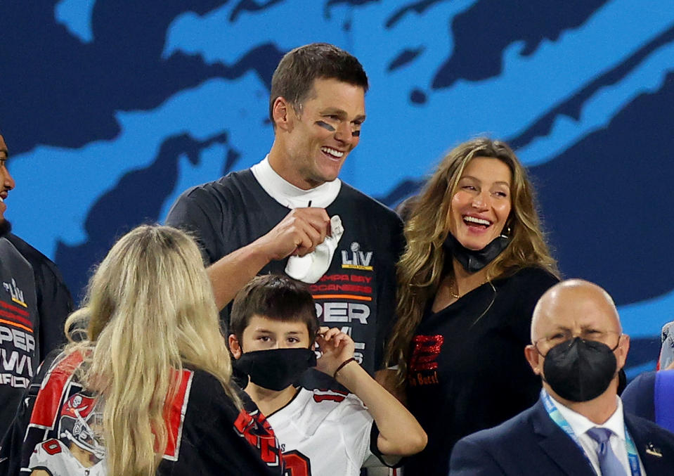 Tom Brady celebrates with Gisele Bundchen after winning Super Bowl LV at Raymond James Stadium on February 07, 2021 in Tampa, Florida