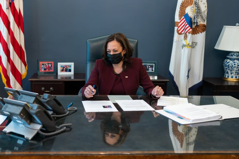 V20210121LJ-0496: Vice President Kamala Harris talks on the phone with Director General of the World Health Organization Tedros Adhanom Thursday, Jan. 21, 2021, in her West Wing Office of the White House. Vice President Harris and Mr. Tedros discussed the decision by the United States to reverse its withdrawal from the World Health Organization. (Official White House Photo by Lawrence Jackson)