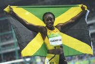 2016 Rio Olympics - Athletics - Final - Women's 100m Final - Olympic Stadium - Rio de Janeiro, Brazil - 13/08/2016. Elaine Thompson (JAM) of Jamaica celebrates. REUTERS/Dylan Martinez