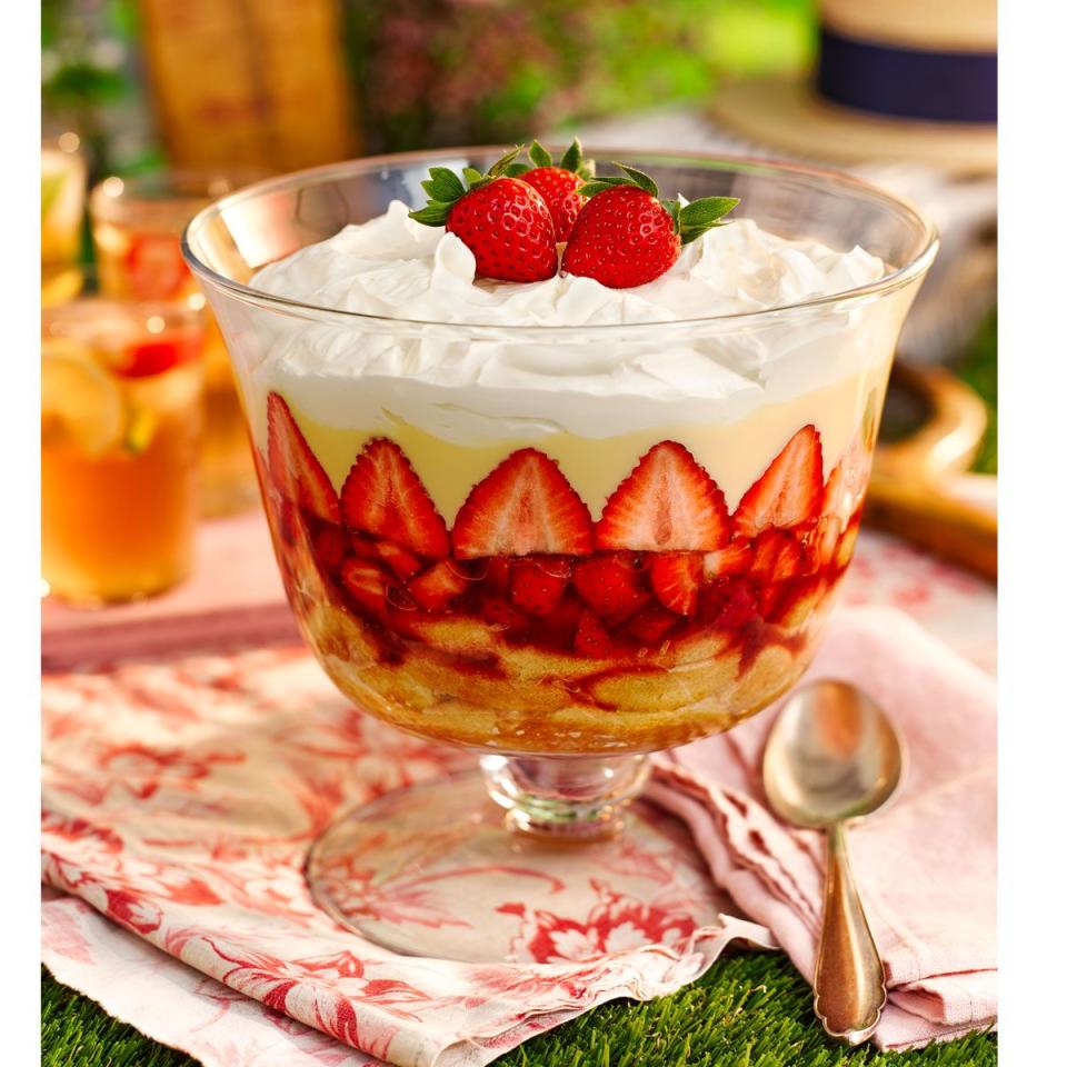 <p>Spiked with Pimm's syrup, this trifle simply sings of summer. </p><p><strong>Recipe: <a href="https://www.goodhousekeeping.com/uk/food/recipes/a554734/the-wimbledon-cup/" rel="nofollow noopener" target="_blank" data-ylk="slk:The Wimbledon Cup trifle;elm:context_link;itc:0;sec:content-canvas" class="link ">The Wimbledon Cup trifle</a></strong></p>