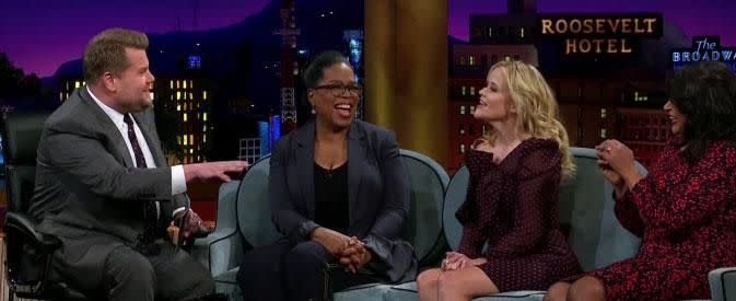James Corden was so impressed by Oprah, he testes Reese' skills too. Source: CBS