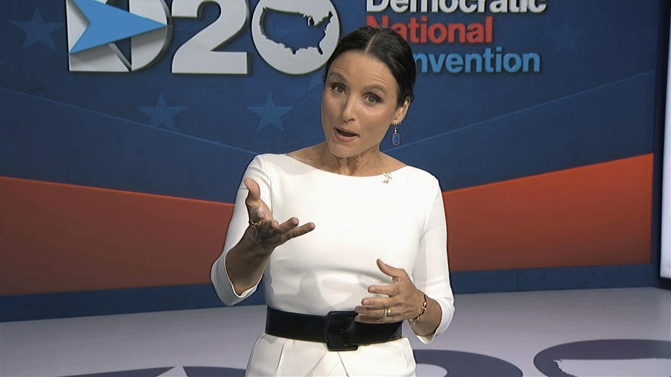 Julia Louis-Dreyfus, serving as moderator, speaks during the fourth night of the Democratic National Convention on  Aug. 20, 2020. (Democratic National Convention via AP)