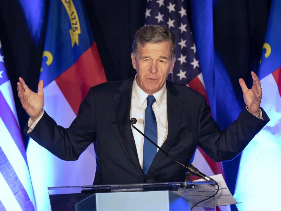 North Carolina Gov. Roy Cooper speaks at a primary election night event hosted by the North Carolina Democratic Party in Raleigh, North Carolina, on May 17, 2022.