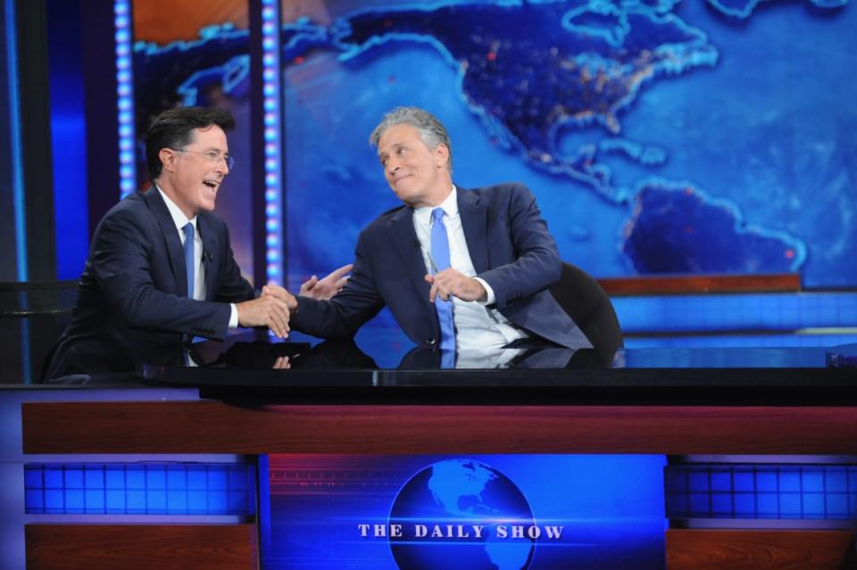 <div class="inline-image__caption"><p>Stephen Colbert and Jon Stewart appear on <em>The Daily Show with Jon Stewart</em> #JonVoyage on August 6, 2015, in New York City. </p></div> <div class="inline-image__credit">Brad Barket/Getty</div>