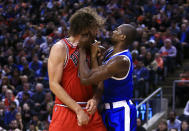 <p>The Raptors made a splash ahead of the NBA trade deadline, acquiring Serge Ibaka from the Magic on Feb. 14. The big man didn’t take long to make his presence felt, throwing punches with Chicago’s Robin Lopez during a game in March. (Photo by Vaughn Ridley/Getty Images) </p>