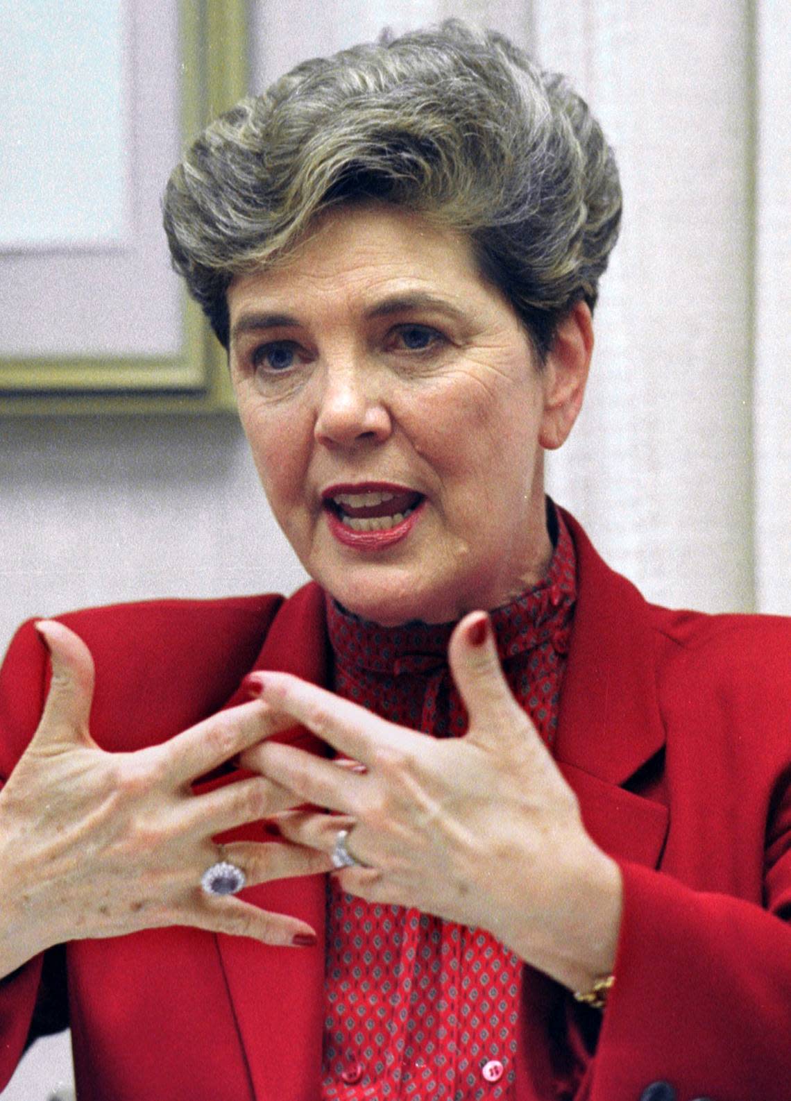 UNC System president Molly Corbett Broad makes a point to reporters at UNC’s General Admin. bldg. during an 2000 interview.