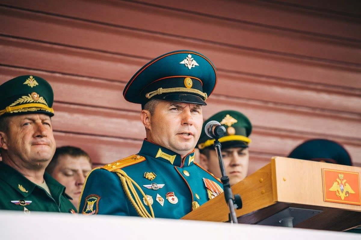 Commander of Russia’s Kantemirovskaya Tank Division Vladimir Zavadsky delivers a speech during a ceremony marking the anniversary of the unit’s foundation in Naro-Fominsk in the Moscow region (Reuters)