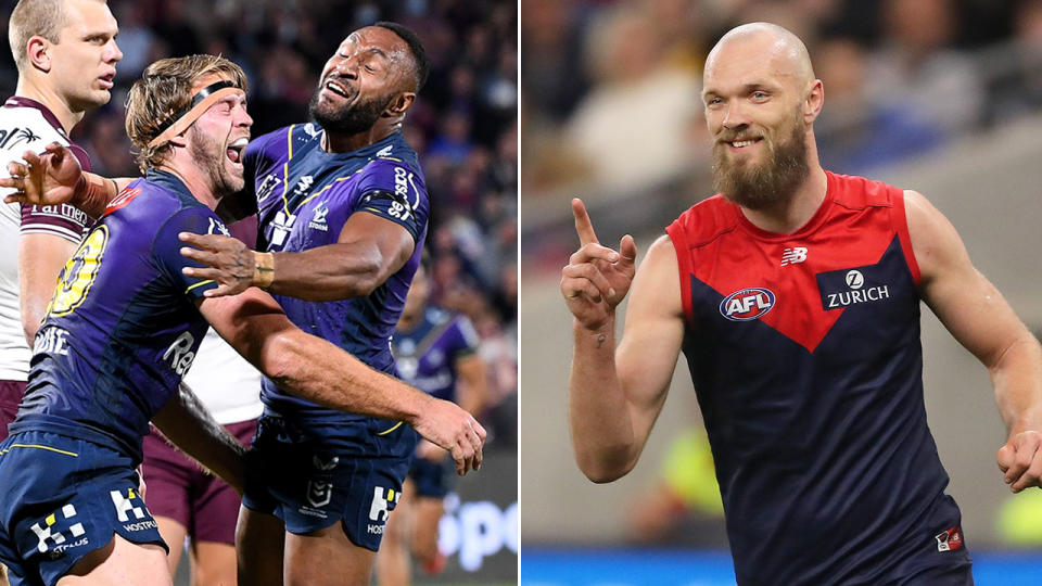 Seen here, the Melbourne Storm and Melbourne Demons react to their respective finals wins.