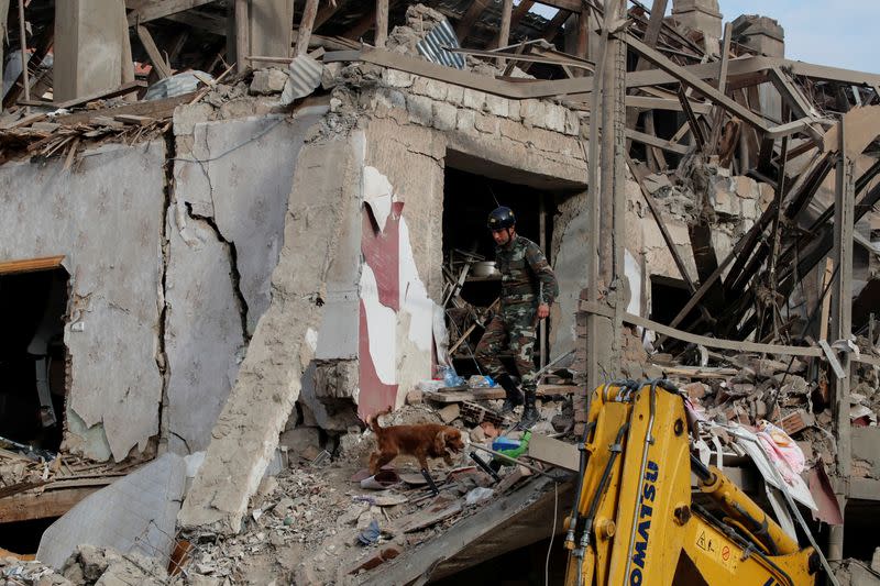 A search and rescue dog searches for survivers at the blast site hit by a rocket during the fighting over the breakaway region of Nagorno-Karabakh in the city of Ganja