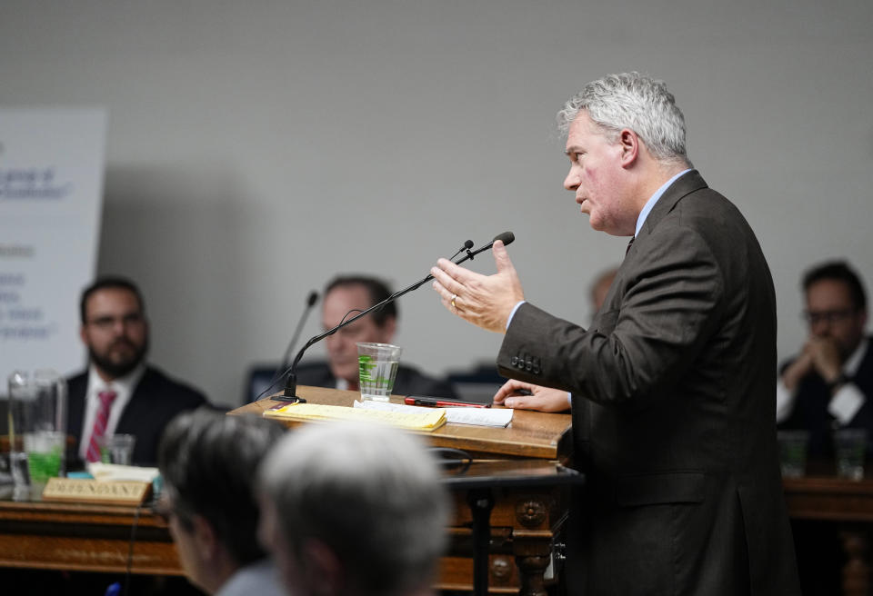 Scott Gessler, attorney for former President Donald Trump, delivers closing arguments during a hearing for a lawsuit to keep Trump off the state ballot, Wednesday, Nov. 15, 2023, in Denver. (AP Photo/Jack Dempsey, Pool)