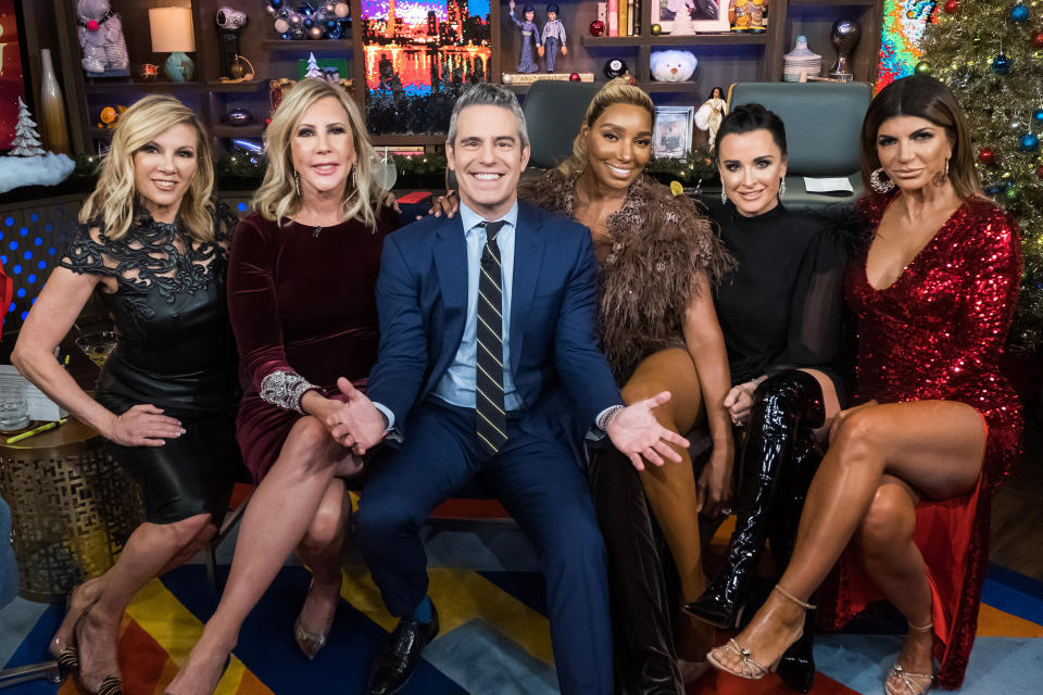 Ramona Singer, Vicki Gunvalson, Andy Cohen, NeNe Leakes, Kyle Richards and Teresa Giudice pictured together during a "Watch What Happens Live with Andy Cohen" special.  (Photo: Bravo via Getty Images)