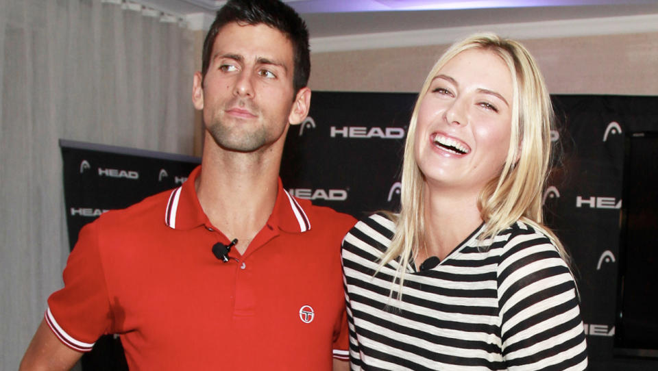 Maria Sharapova (pictured right) laughing as she takes a photo with Novak Djokovic (pictured left).